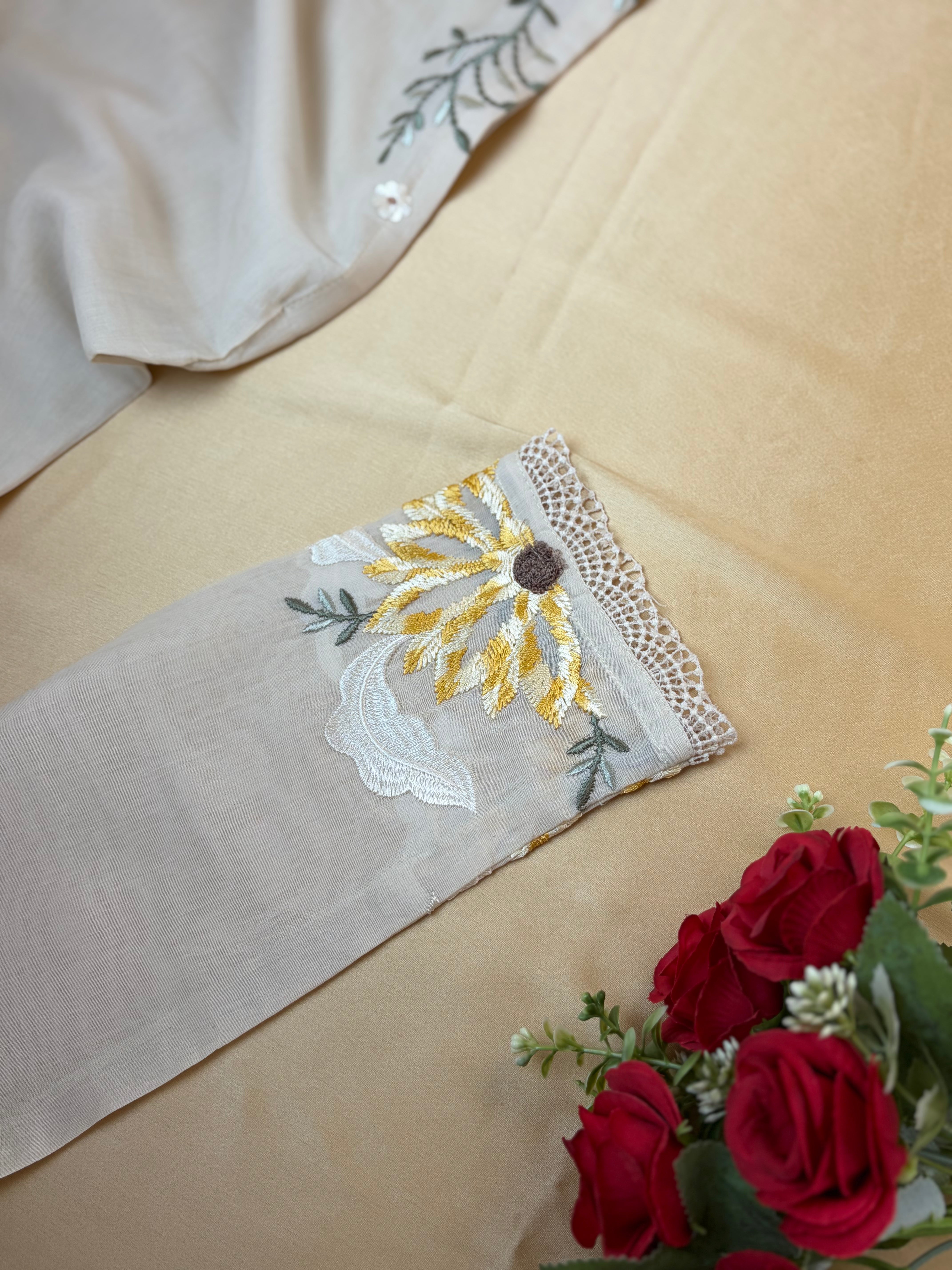 Beige Mul Chanderi silk Hand Embroidery with dupatta