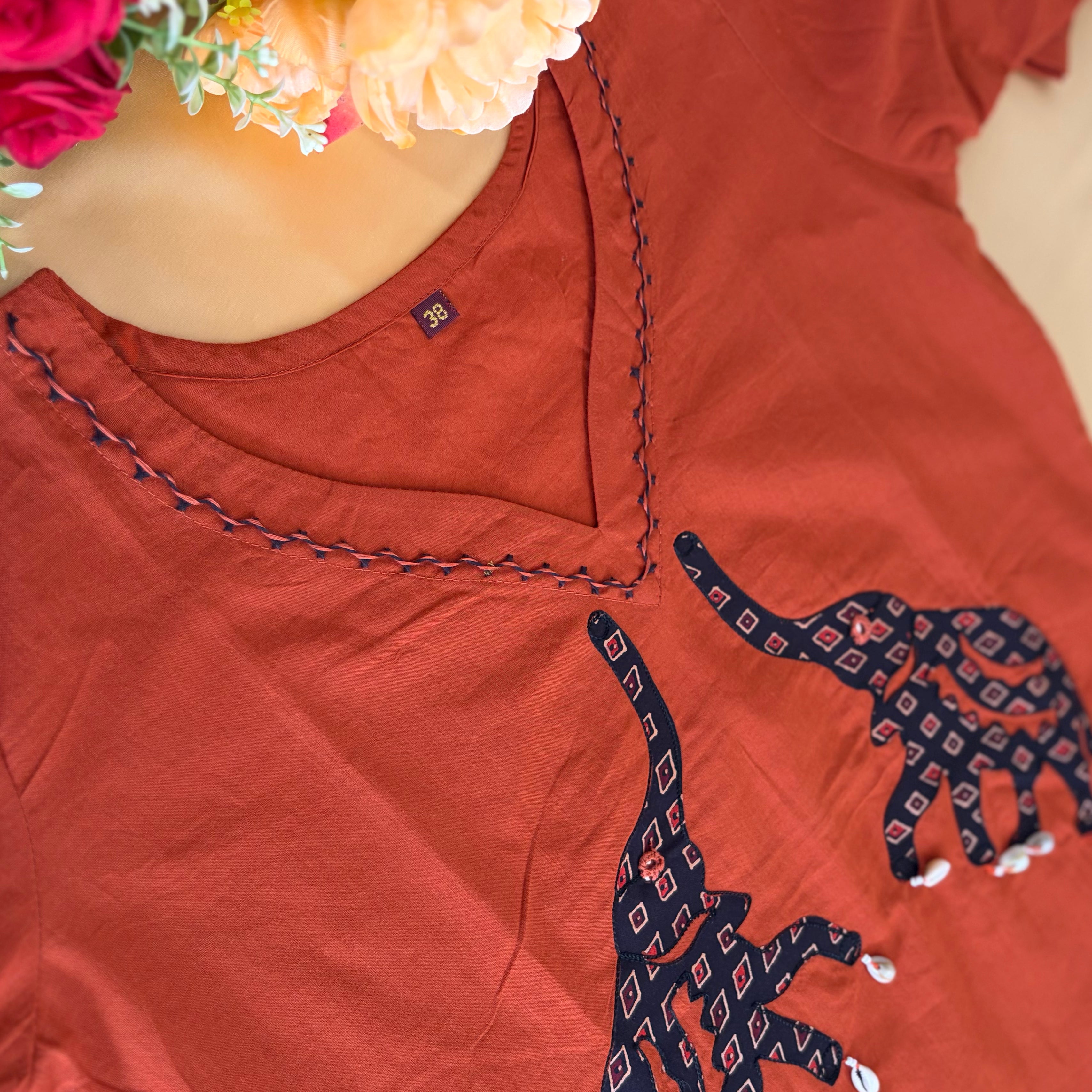 Rustic Orange Elephant cutwork kurti with dupatta