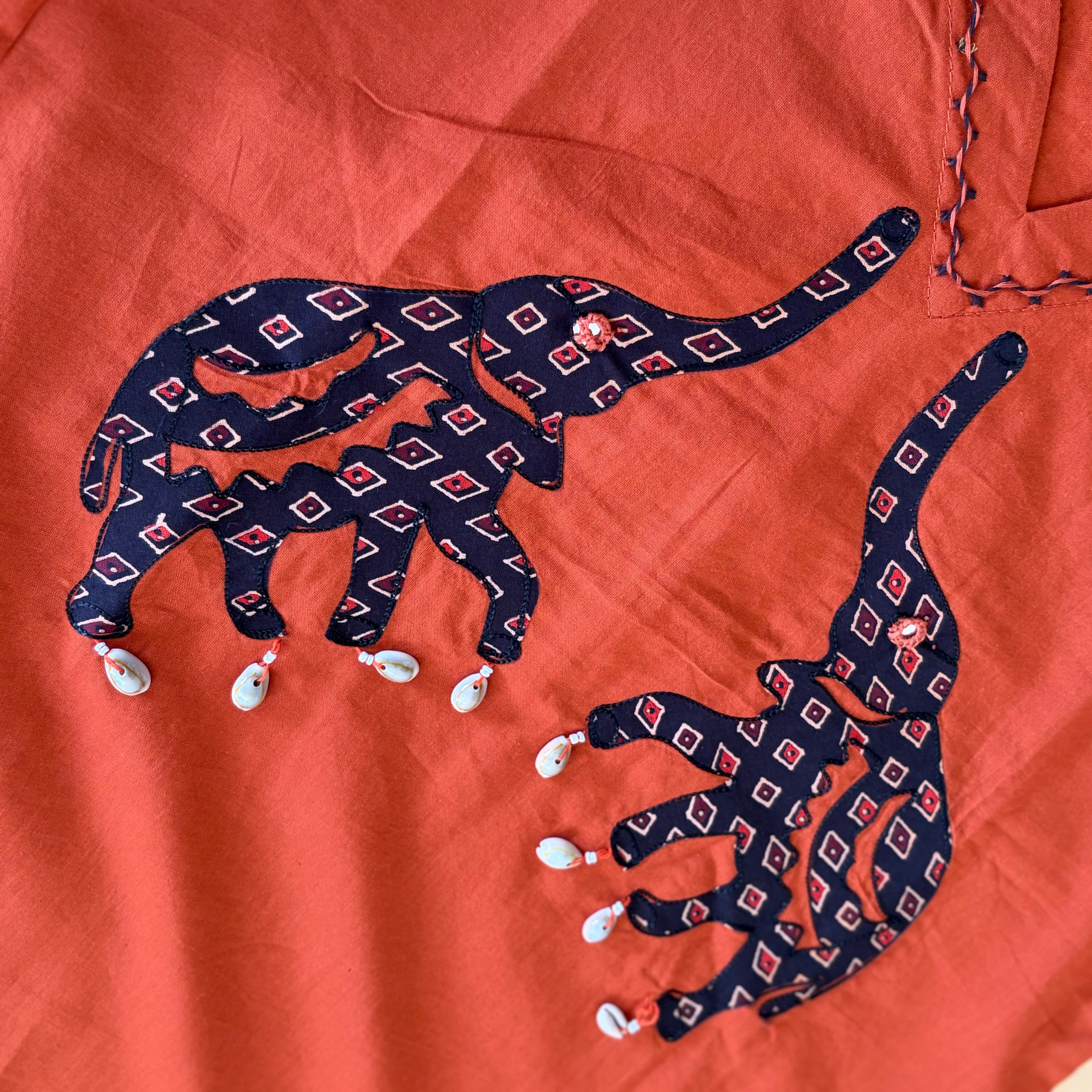 Rustic Orange Elephant cutwork kurti with dupatta