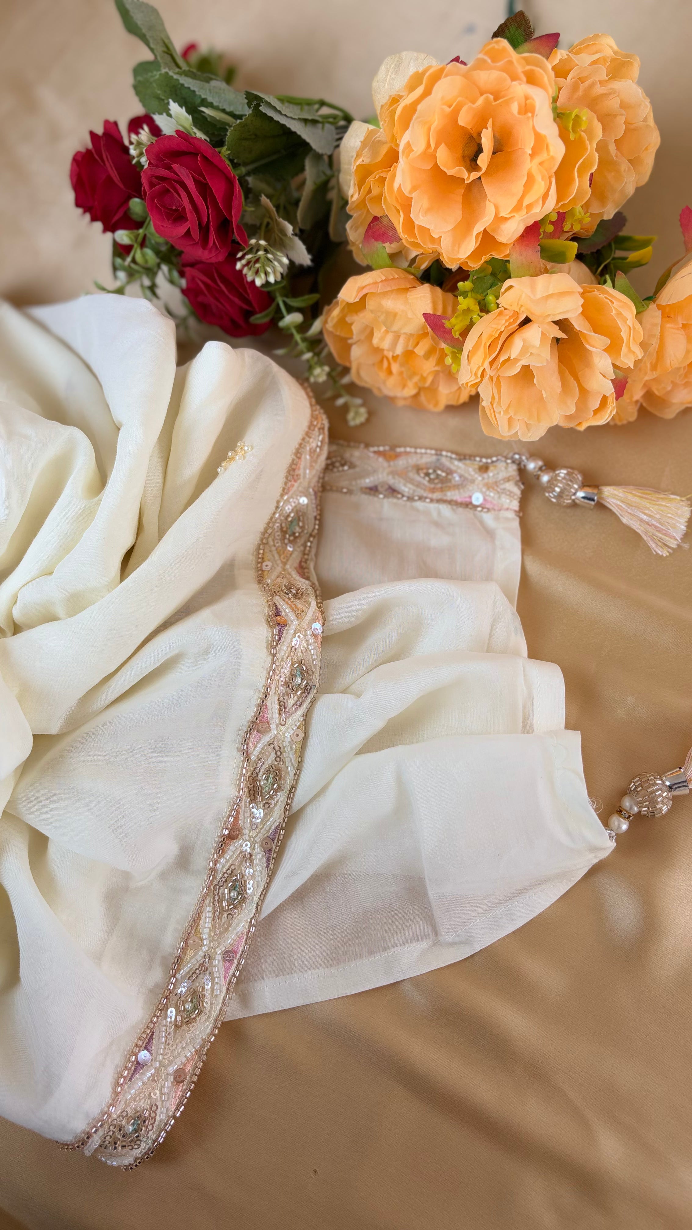 Butter Cream Mul Chanderi Silk Heavy Work