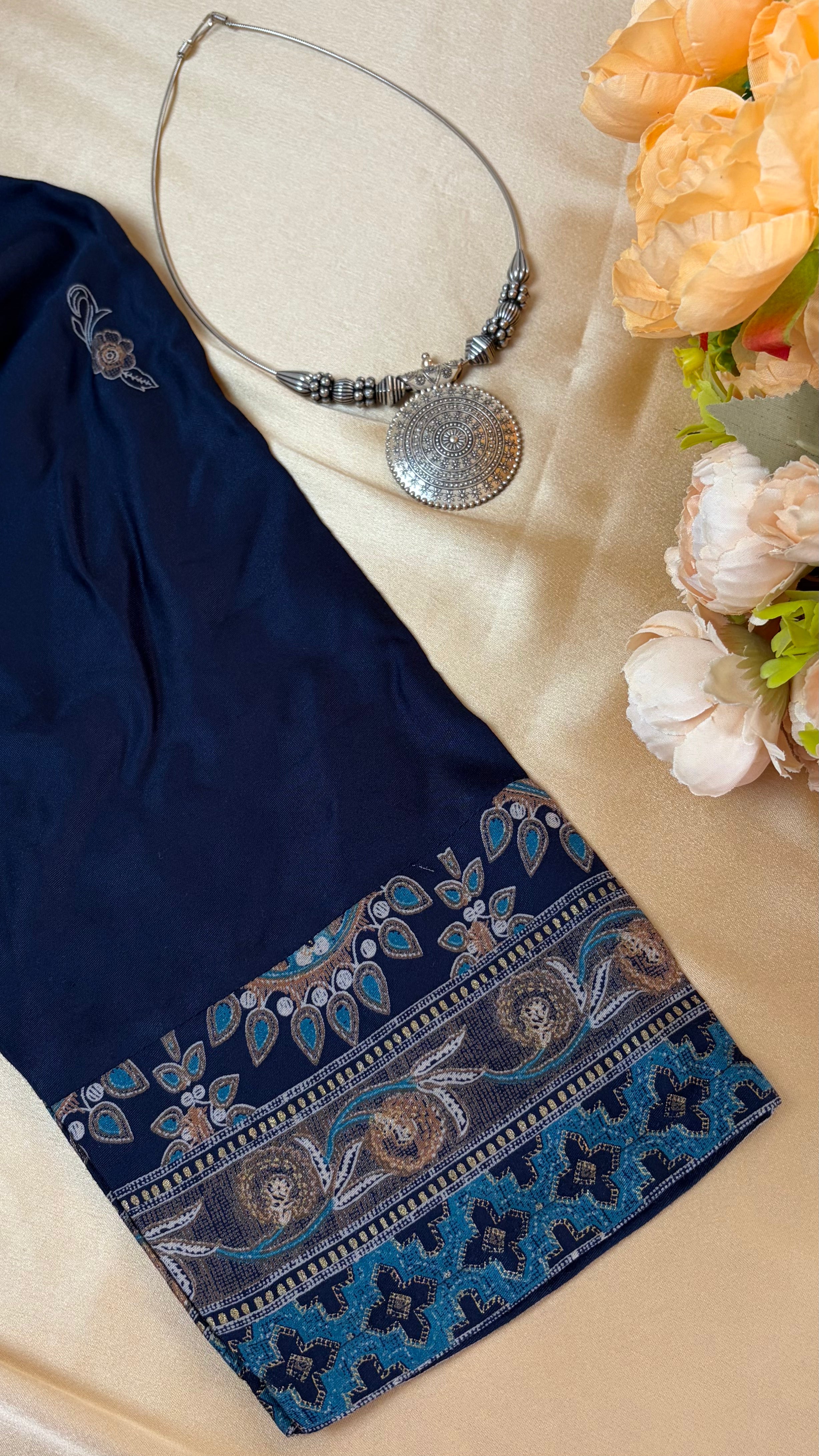 Navy Blue Butter Crepe Silk Collar Co-Ord set
