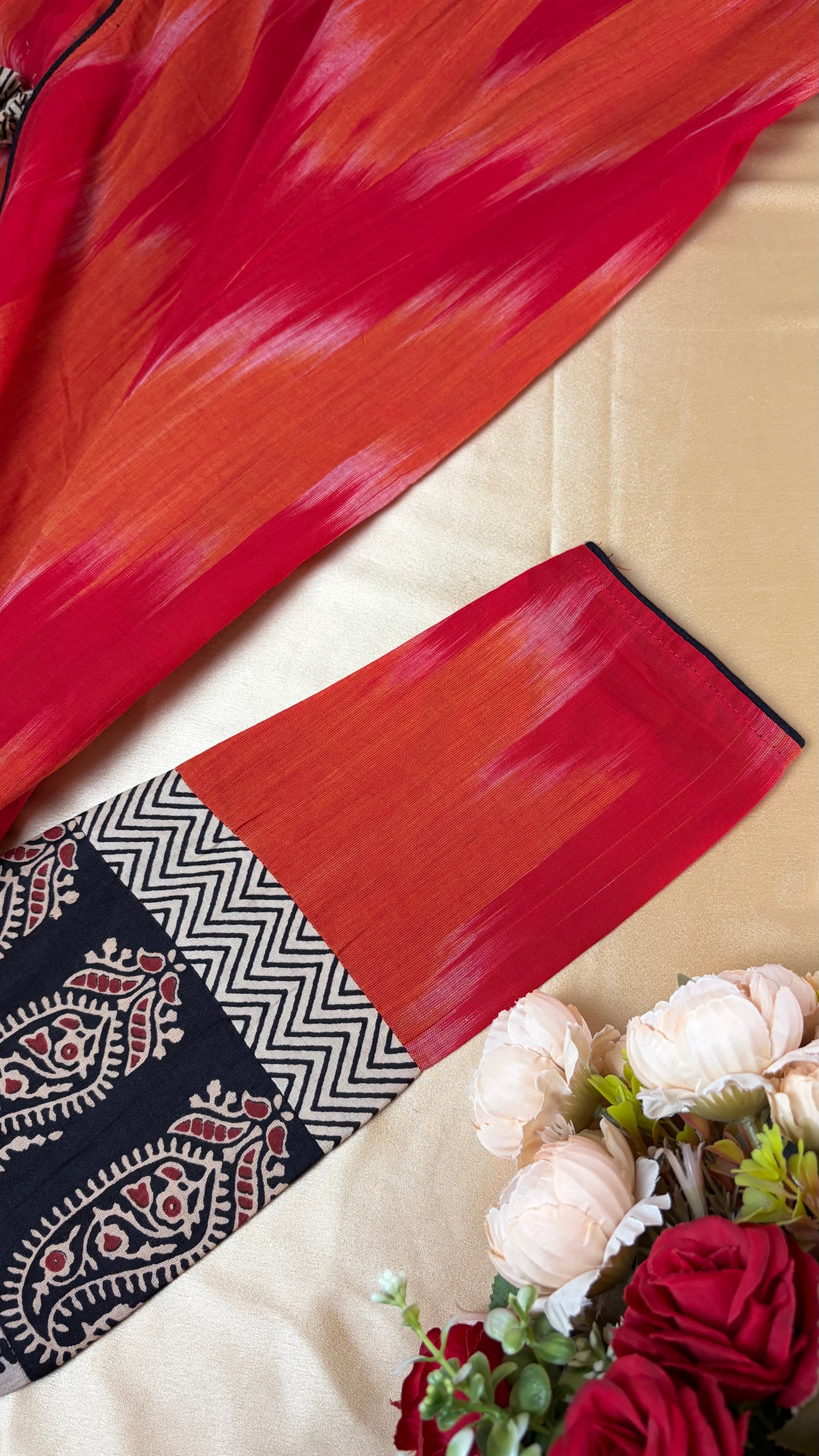 Red-Orange A-Line Handloom cotton kurti with Plazzo pants