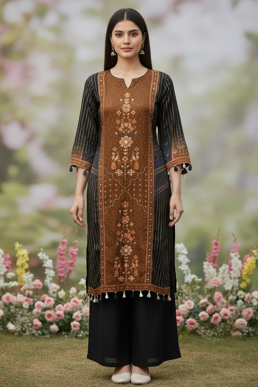 Black crepe silk kurti set with tassels