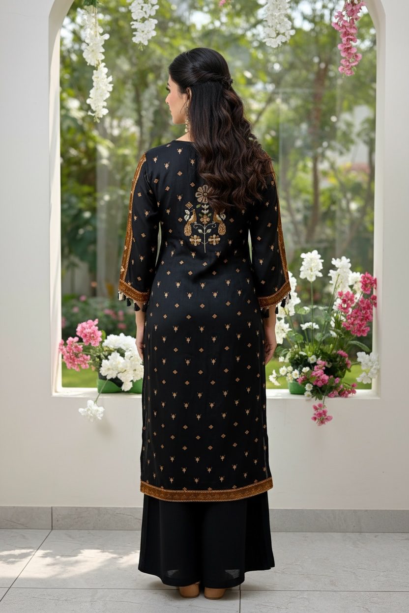 Black crepe silk kurti set with tassels
