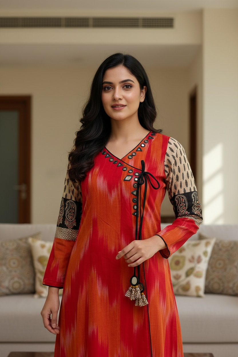 Red-Orange A-Line Handloom cotton kurti with Plazzo pants