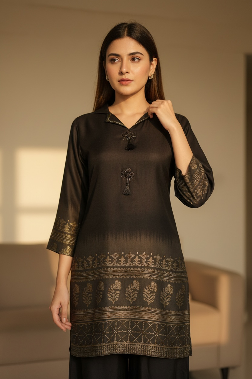 Black Butter Crepe silk collor Co-Ord set