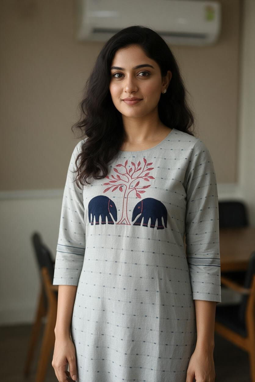 Grey Jamdani Handwork Elephant Cutwork