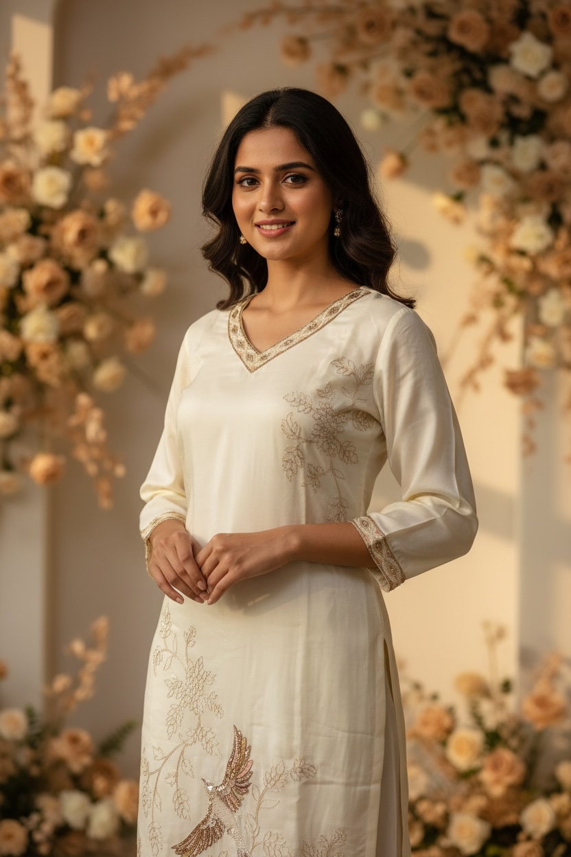 Butter Cream Mul Chanderi Silk Heavy Work