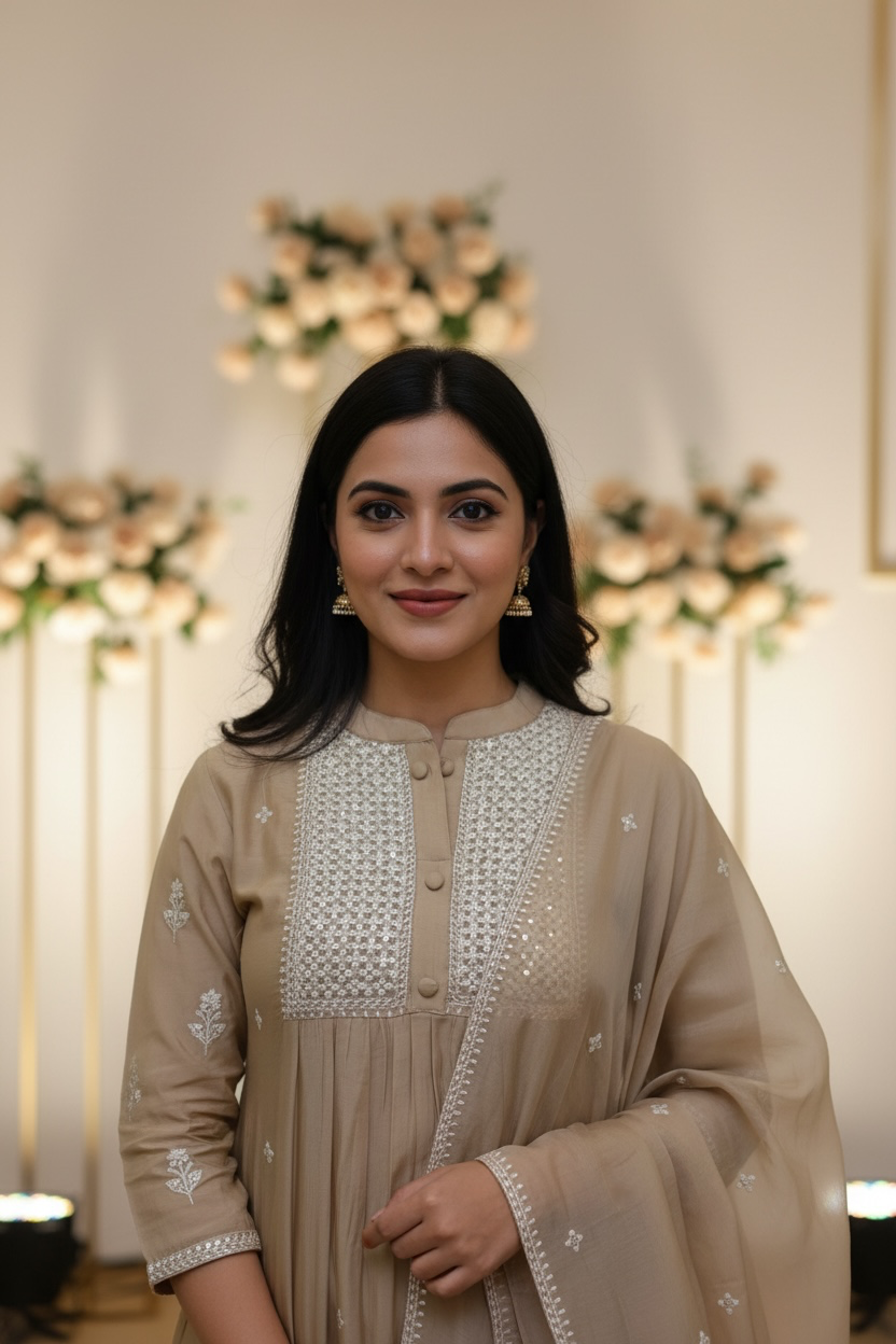 Beige Mul Chanderi silk Embroidered kurti with dupatta