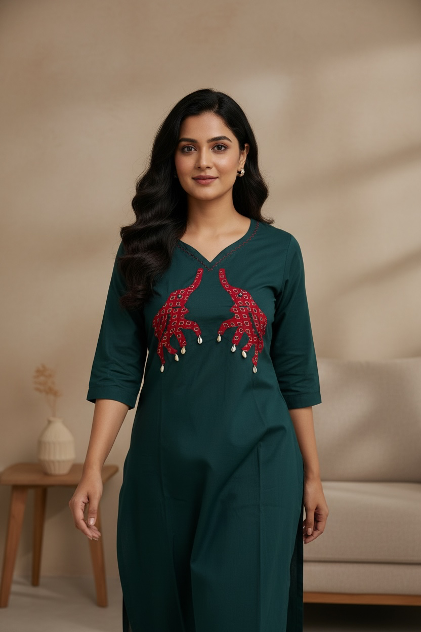 Rama Green Elephant Cutwork kurti with dupatta