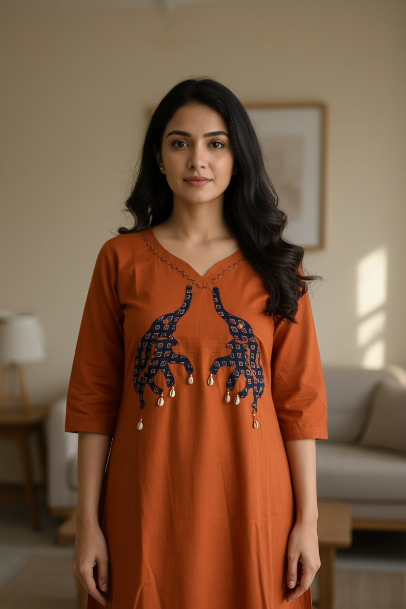 Rustic Orange Elephant cutwork kurti with dupatta