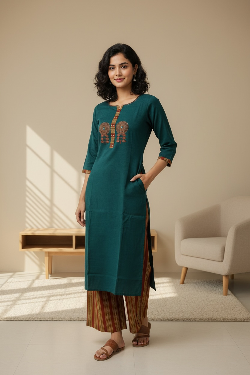 Peacock Blue Handloom Cotton kurti with Palazzo pants