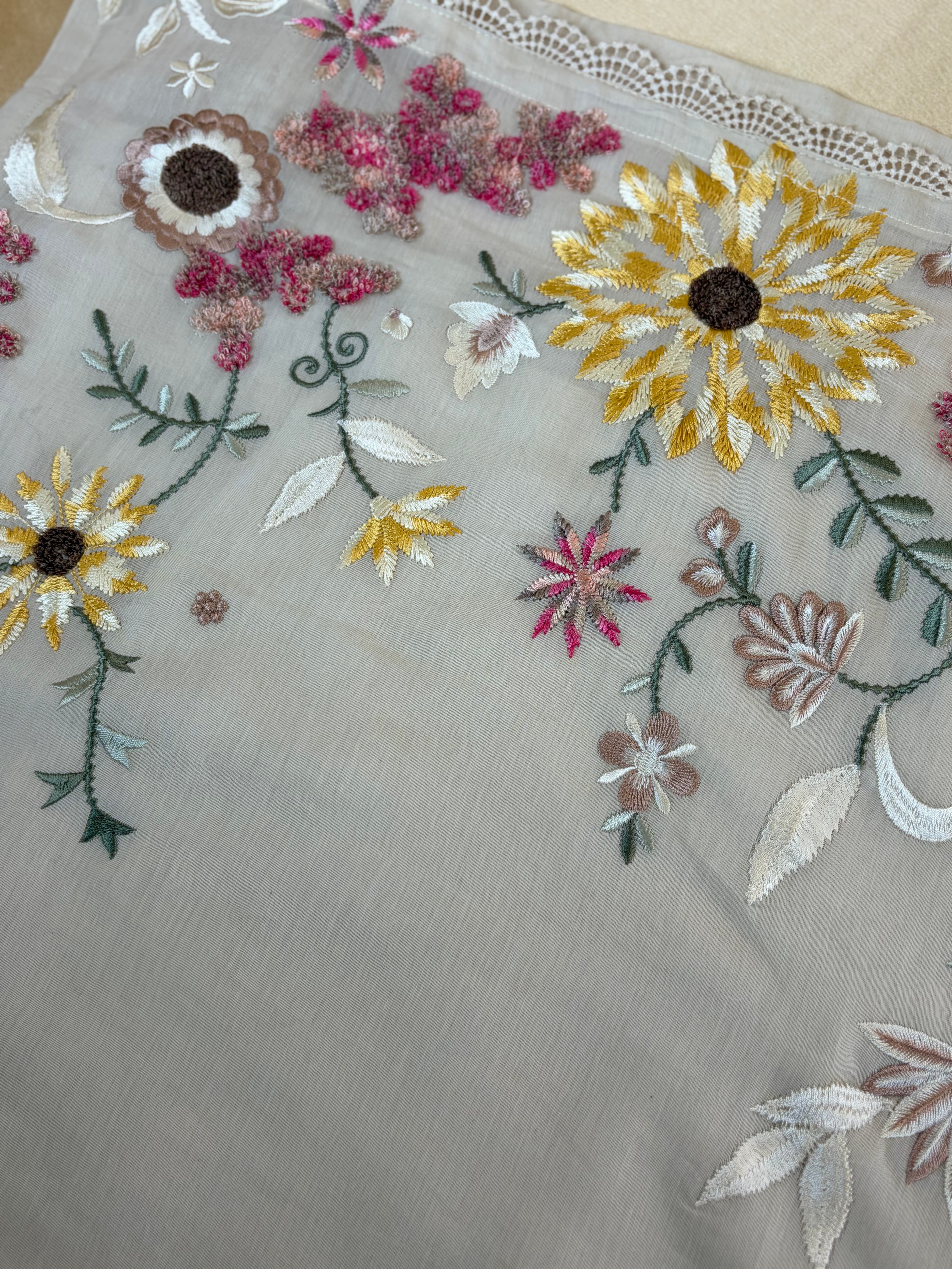 Beige Mul Chanderi silk Hand Embroidery with dupatta