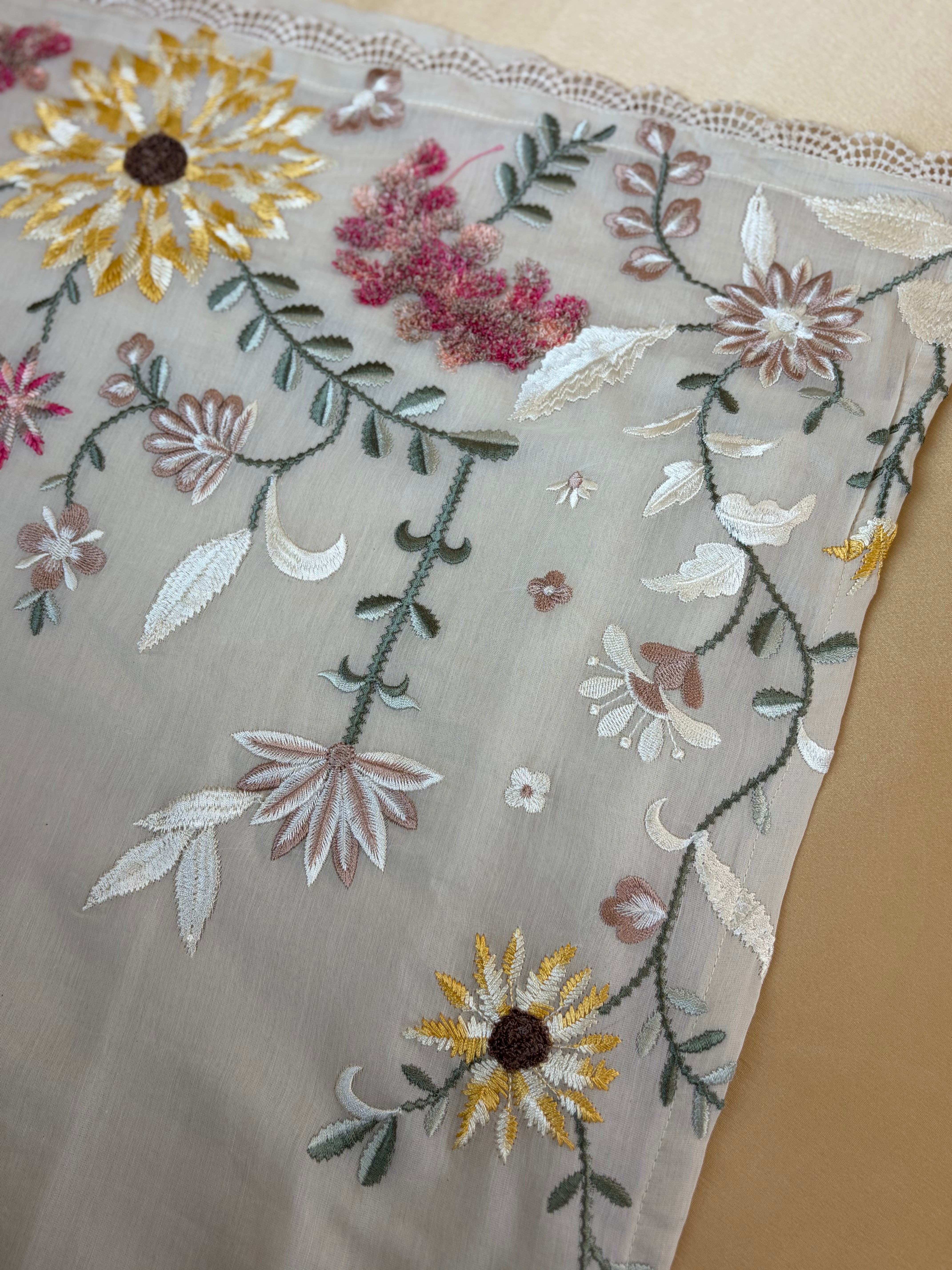Beige Mul Chanderi silk Hand Embroidery with dupatta