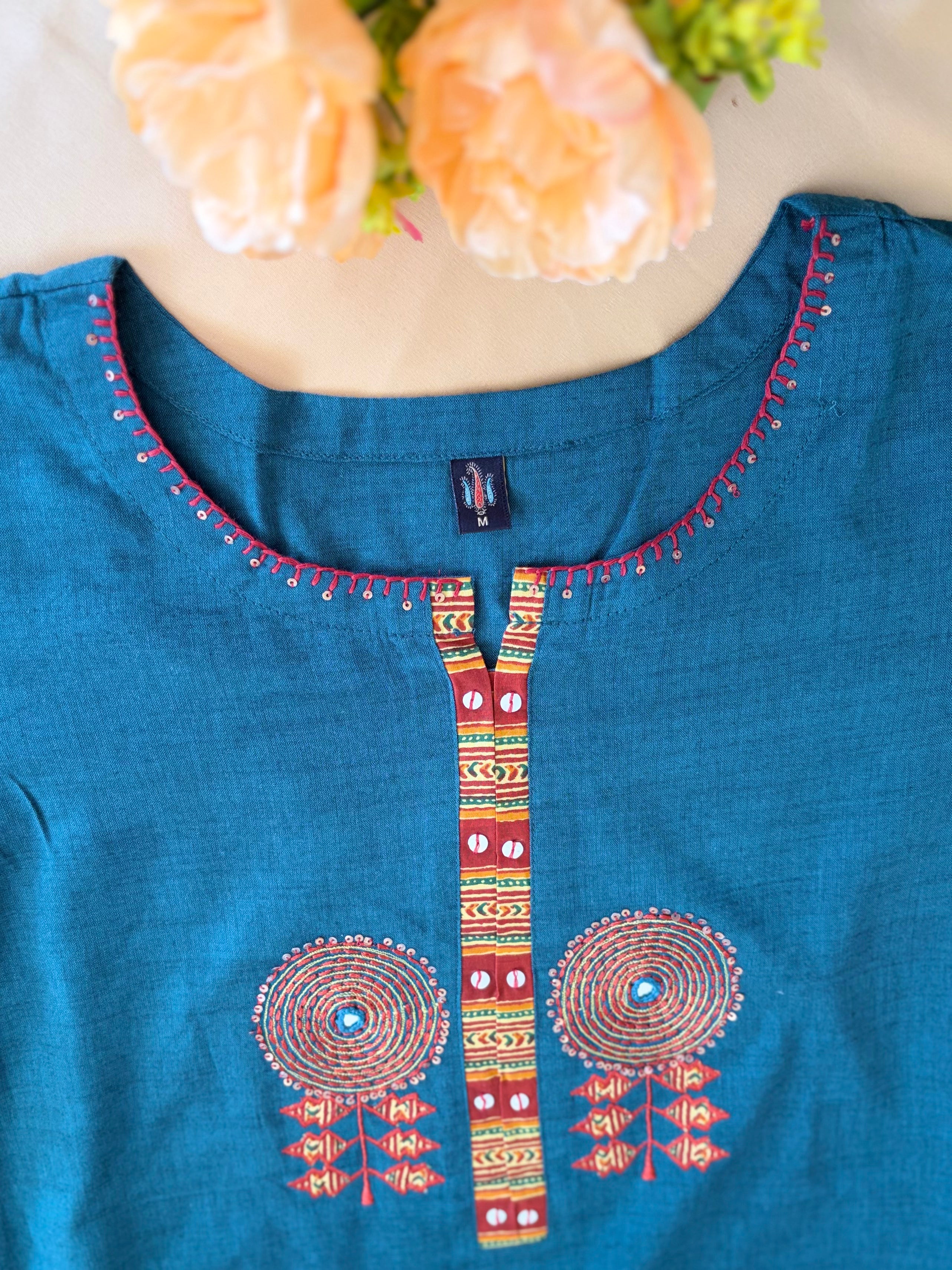 Peacock Blue Handloom Cotton kurti with Palazzo pants