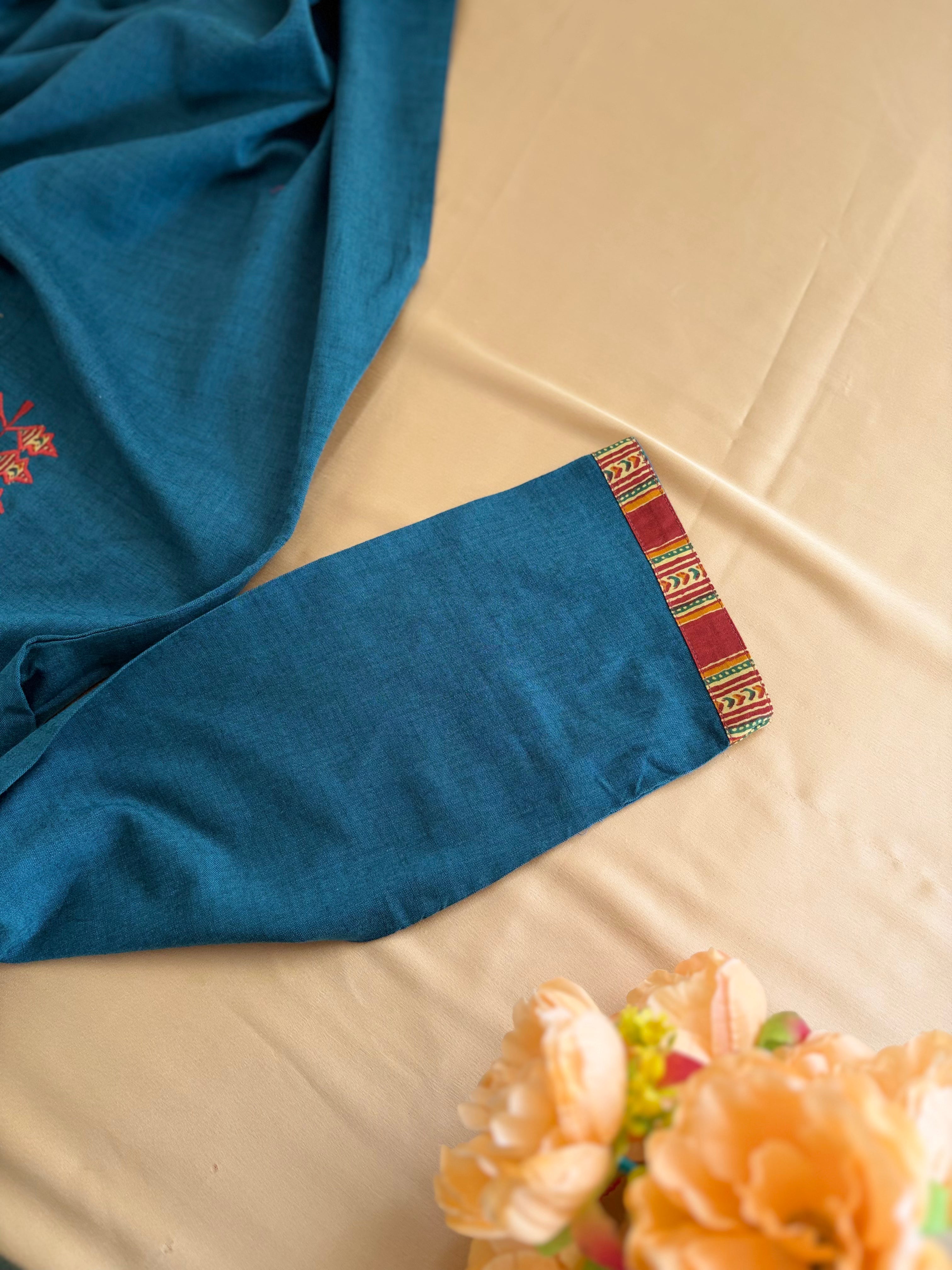 Peacock Blue Handloom Cotton kurti with Palazzo pants