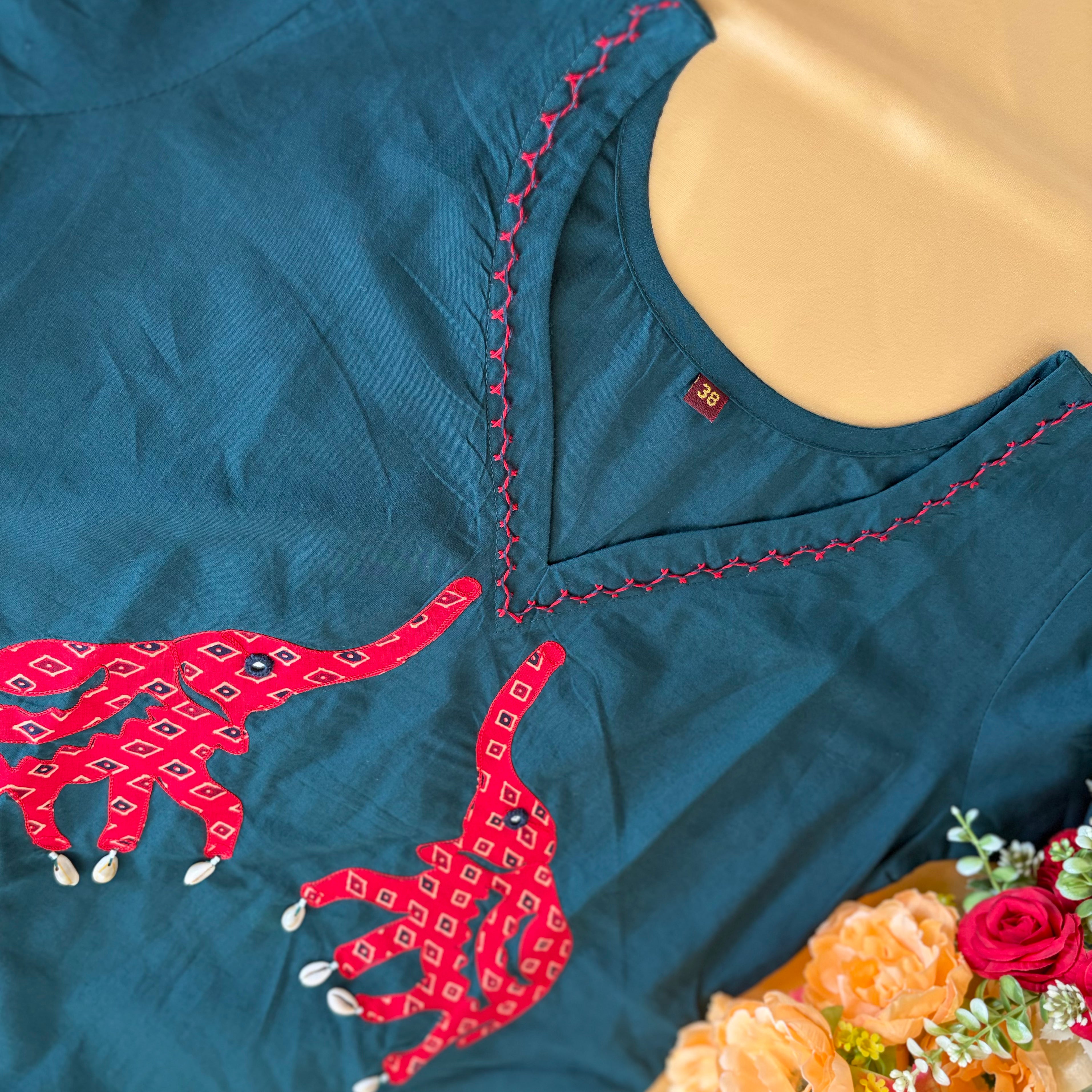 Rama Green Elephant Cutwork kurti with dupatta