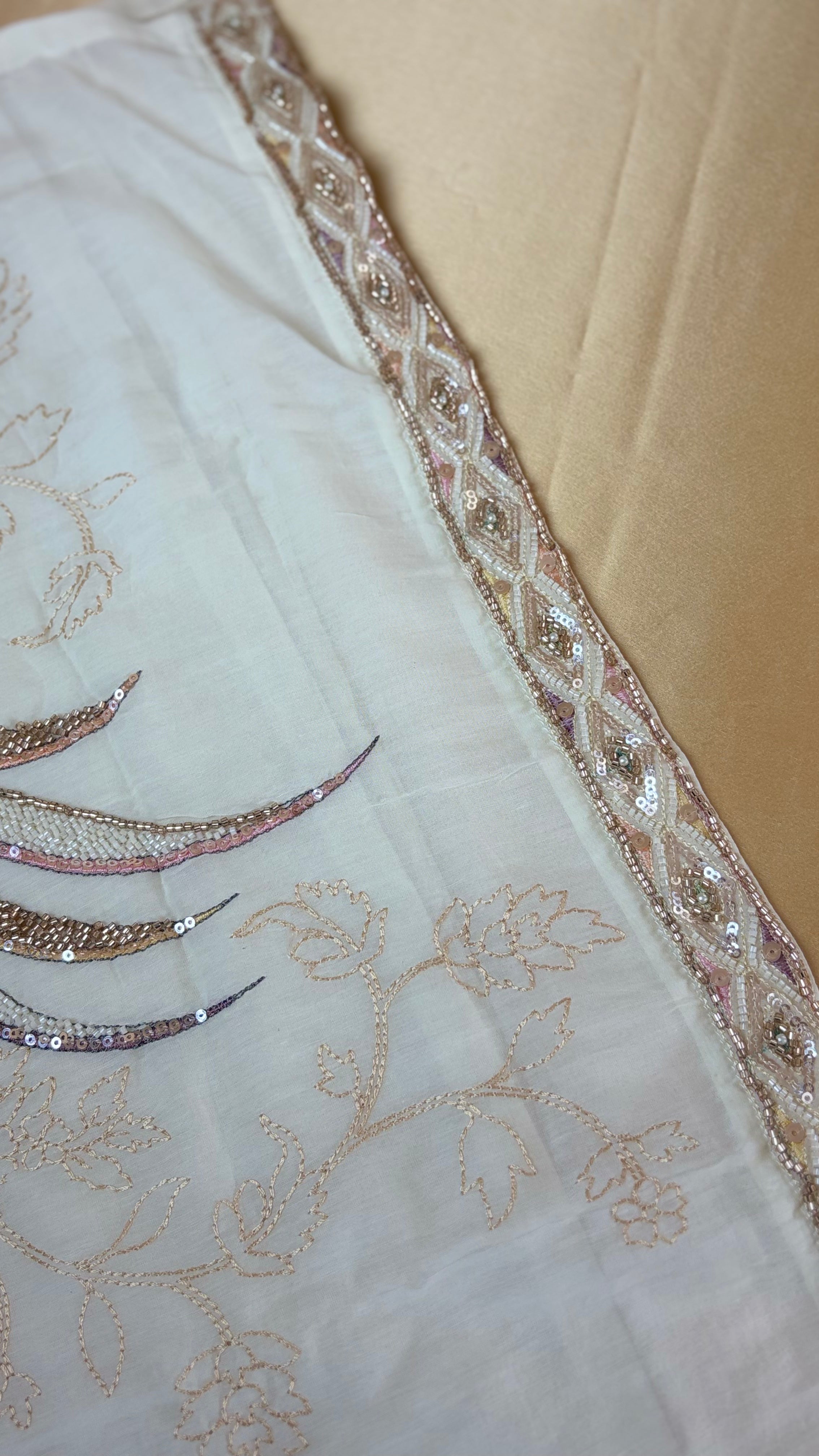 Butter Cream Mul Chanderi Silk Heavy Work