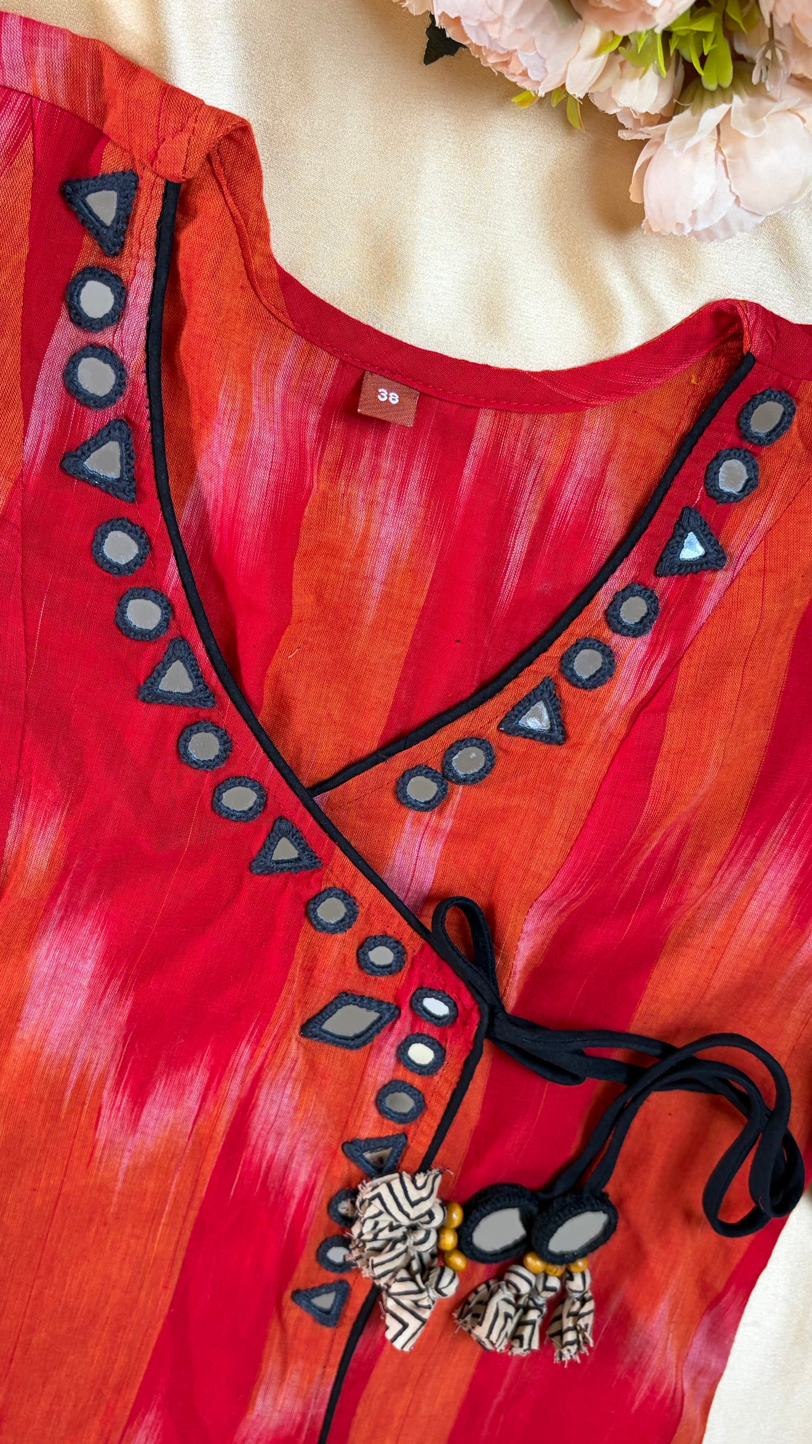 Red-Orange A-Line Handloom cotton kurti with Plazzo pants