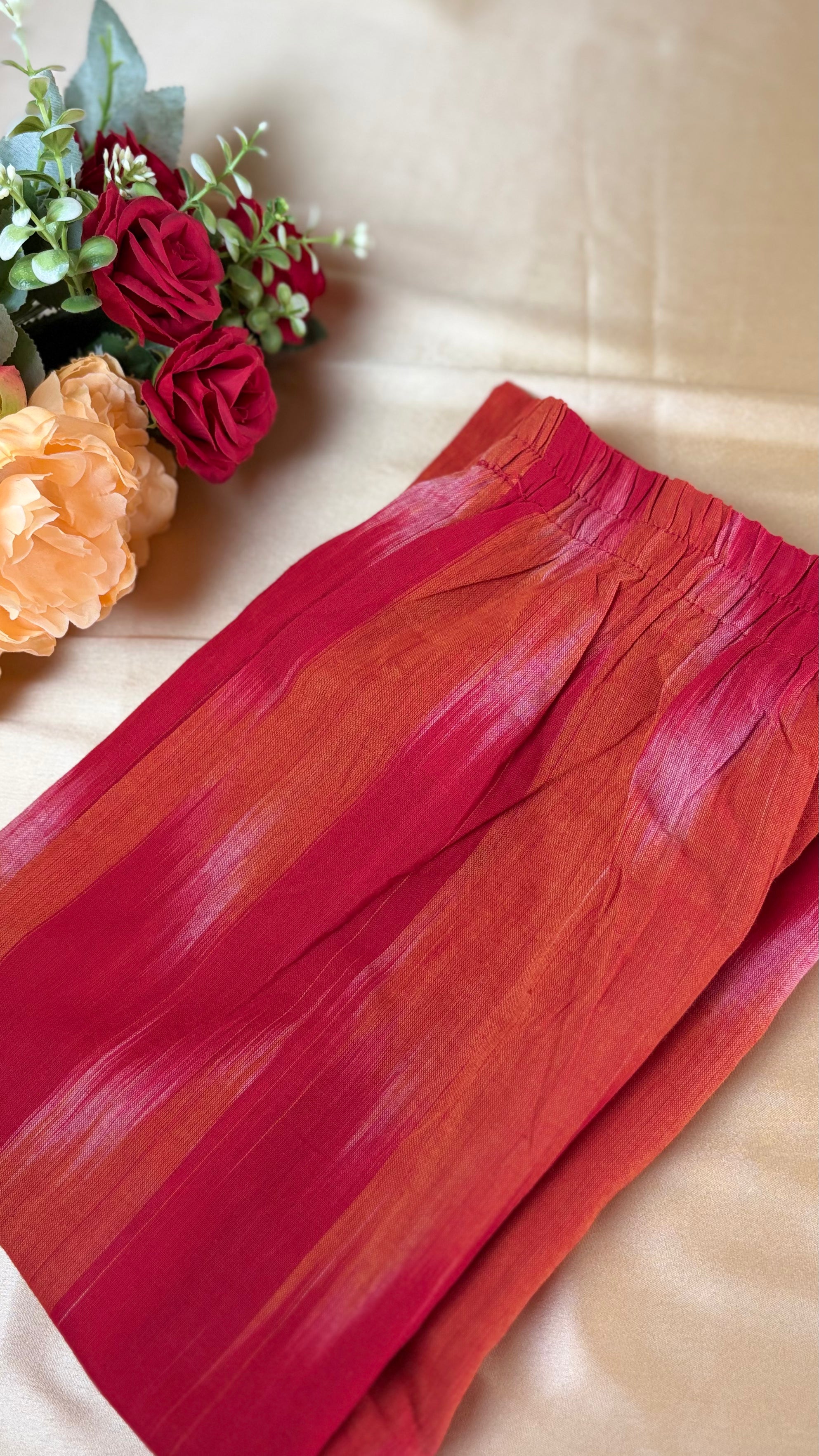 Red-Orange A-Line Handloom cotton kurti with Plazzo pants
