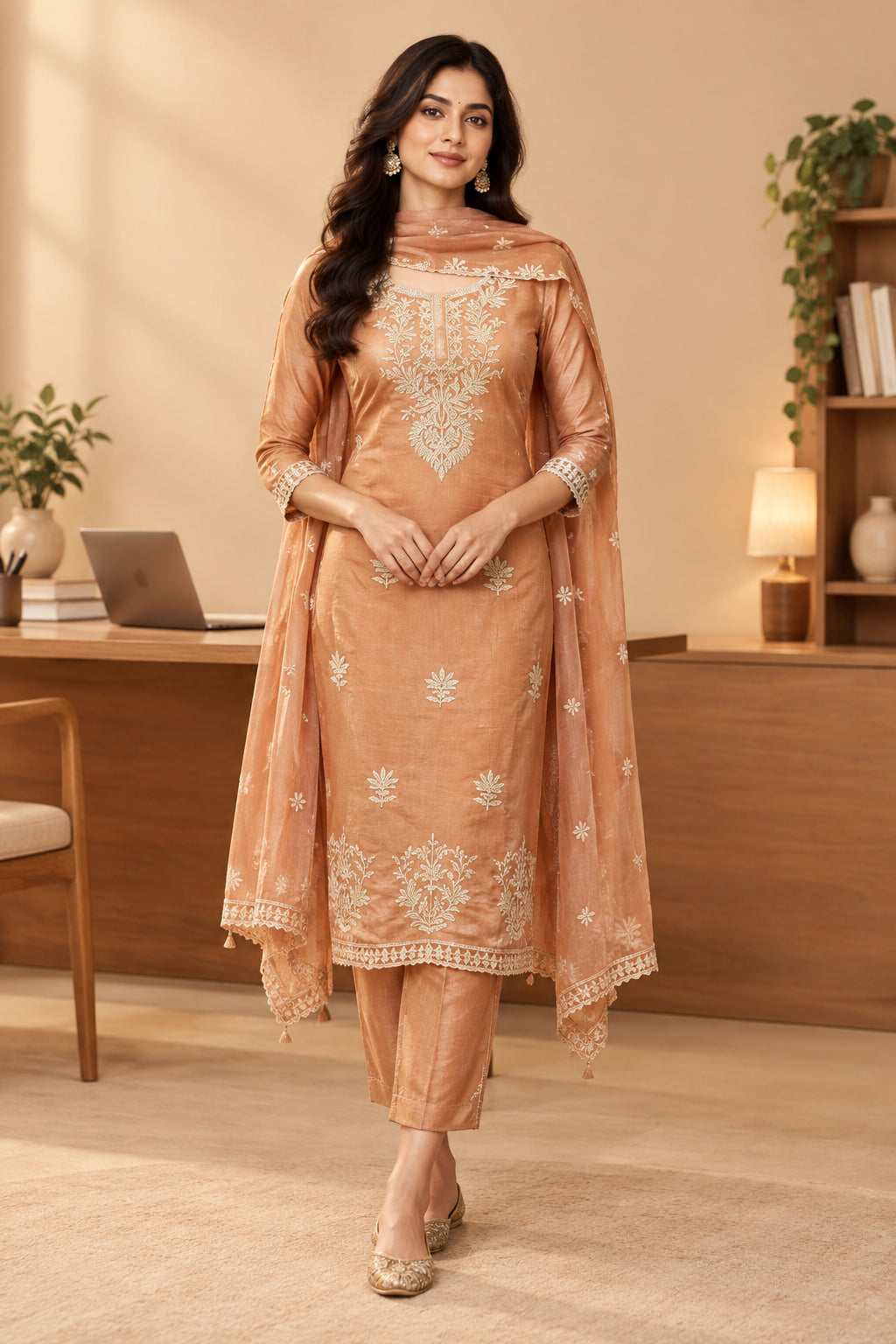Orange Organza Chikankari kurti set