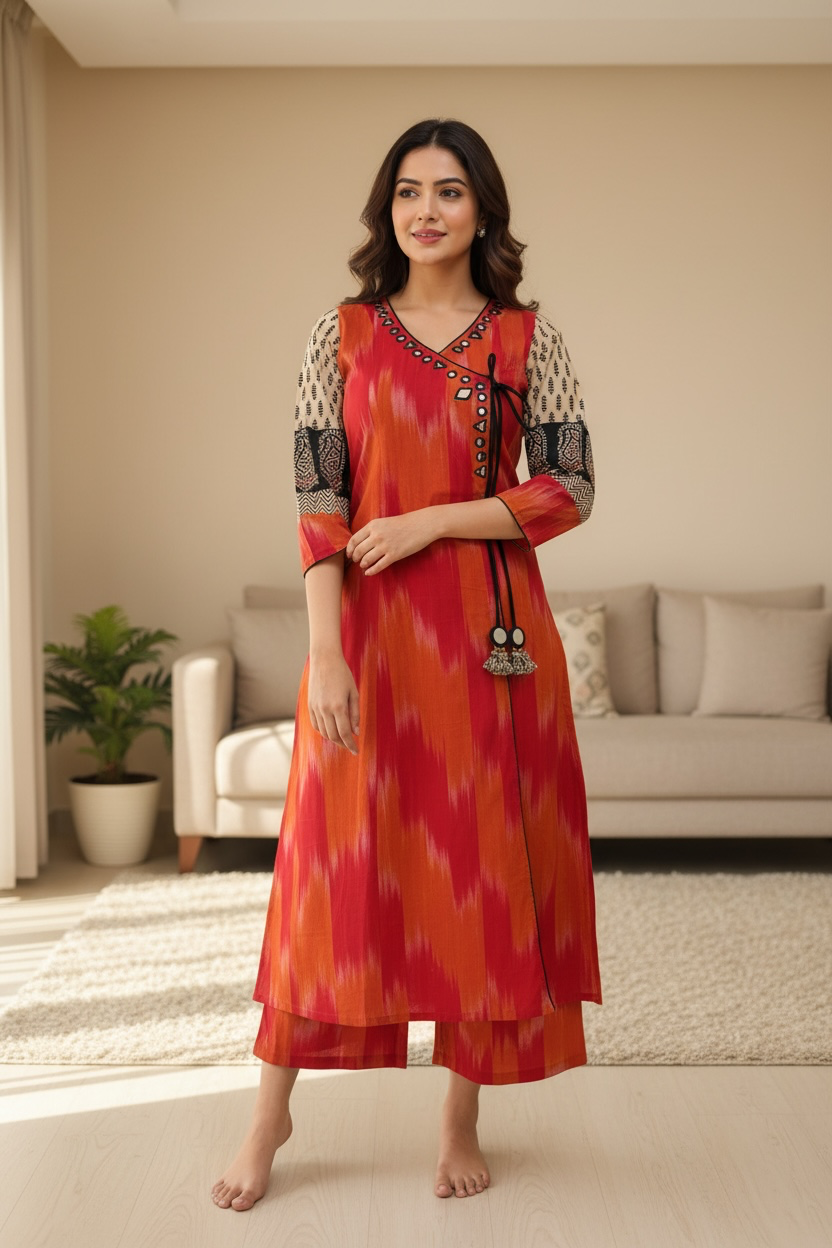 Red-Orange A-Line Handloom cotton kurti with Plazzo pants
