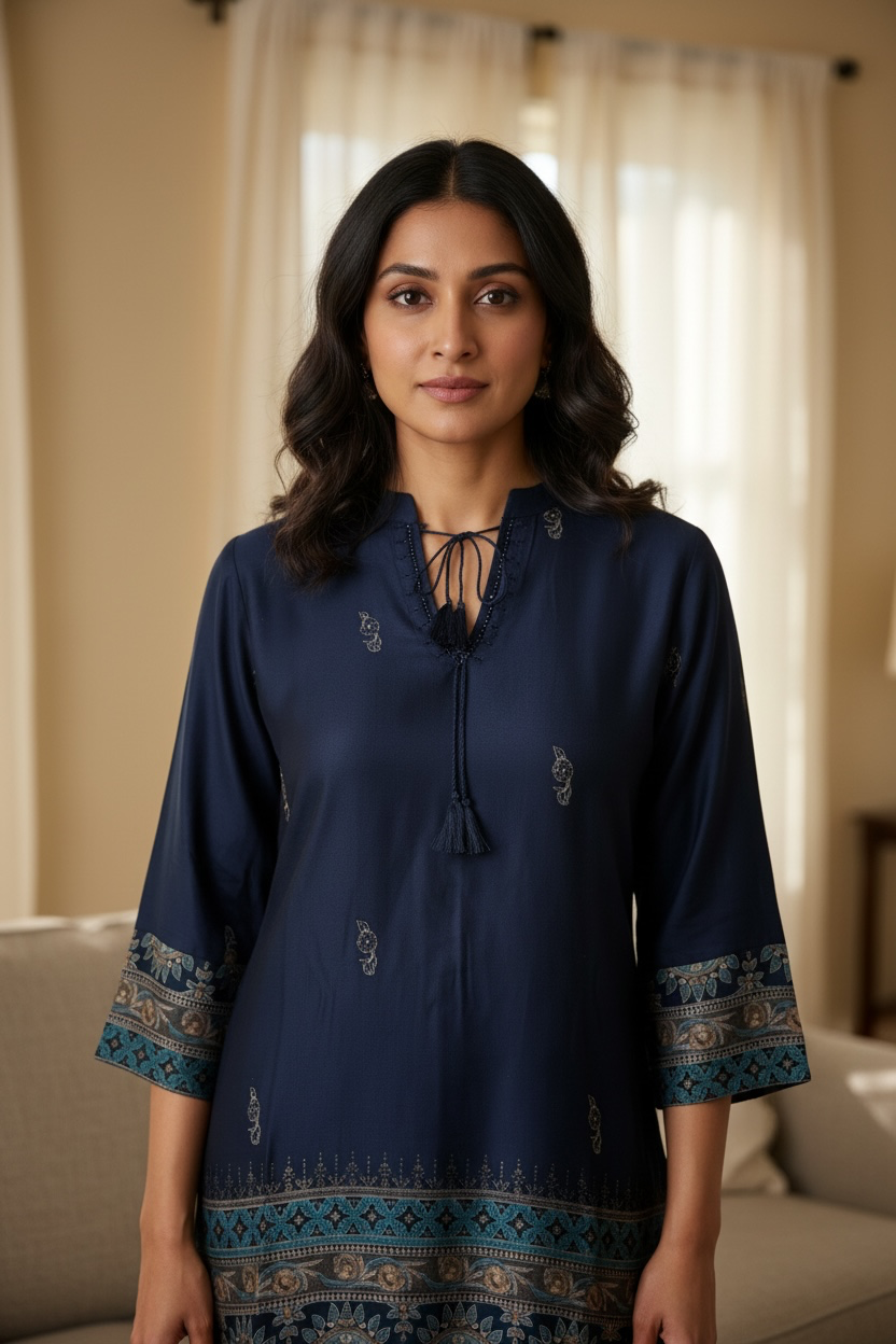 Navy Blue Butter Crepe Silk Collar Co-Ord set