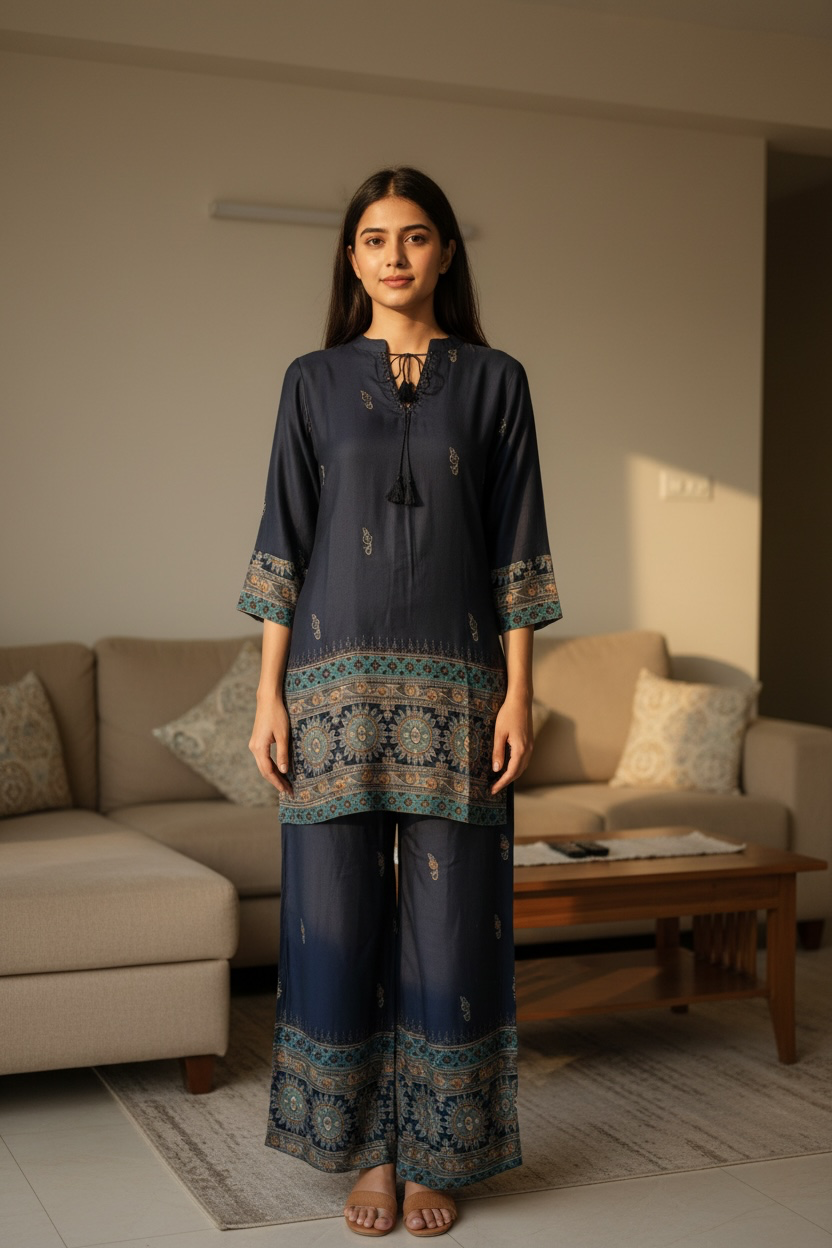 Navy Blue Butter Crepe Silk Collar Co-Ord set