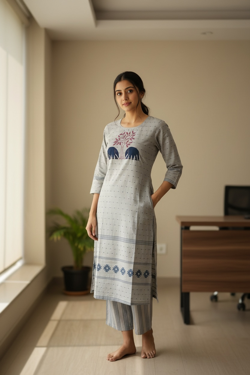 Grey Jamdani Handwork Elephant Cutwork