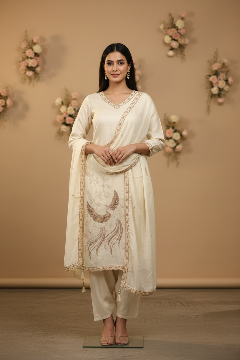 Butter Cream Mul Chanderi Silk Heavy Work