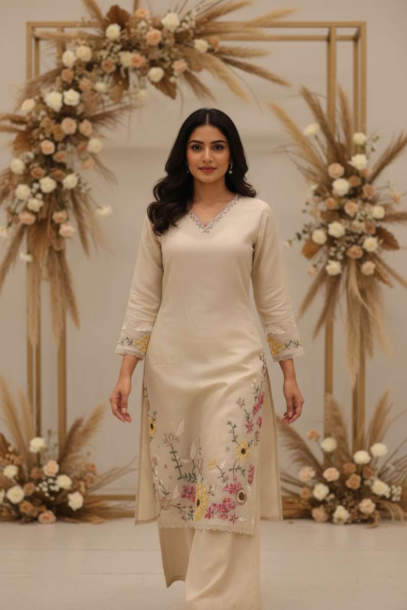 Beige Mul Chanderi silk Hand Embroidery with dupatta