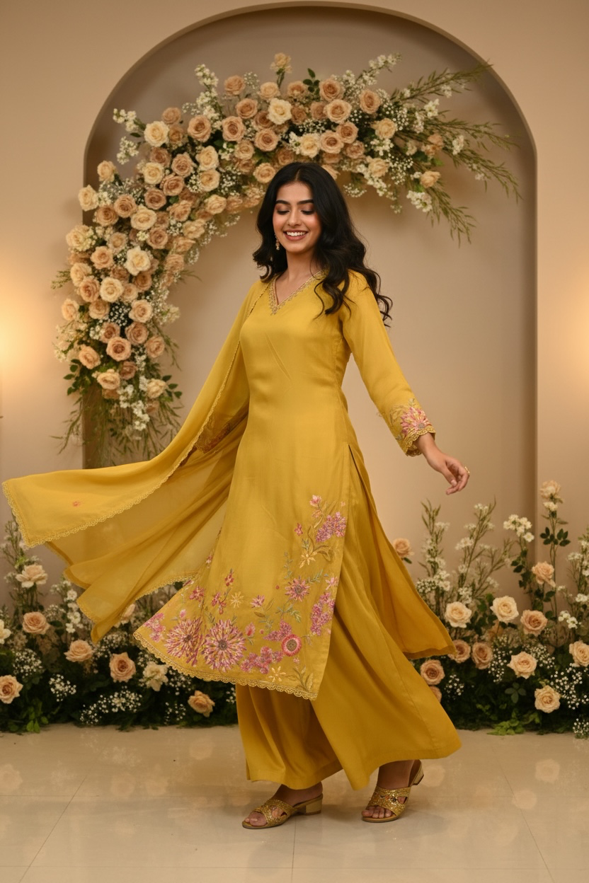 Mustard Yellow Mul Chanderi Embroidery Full set with Dupatta
