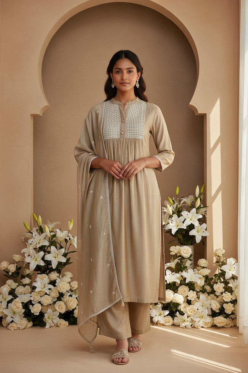 Beige Mul Chanderi silk Embroidered kurti with dupatta