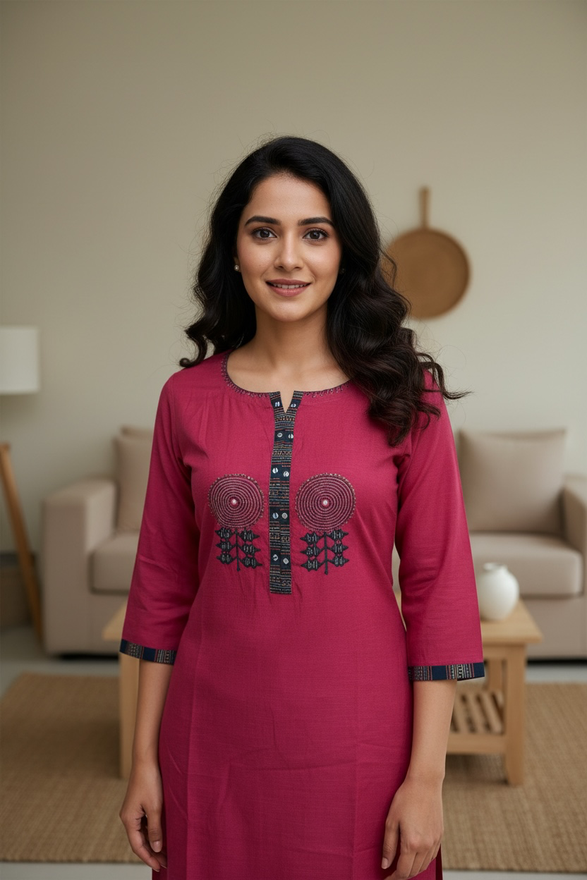 Rani Pink Handloom Cotton kurti with pallazzo pants
