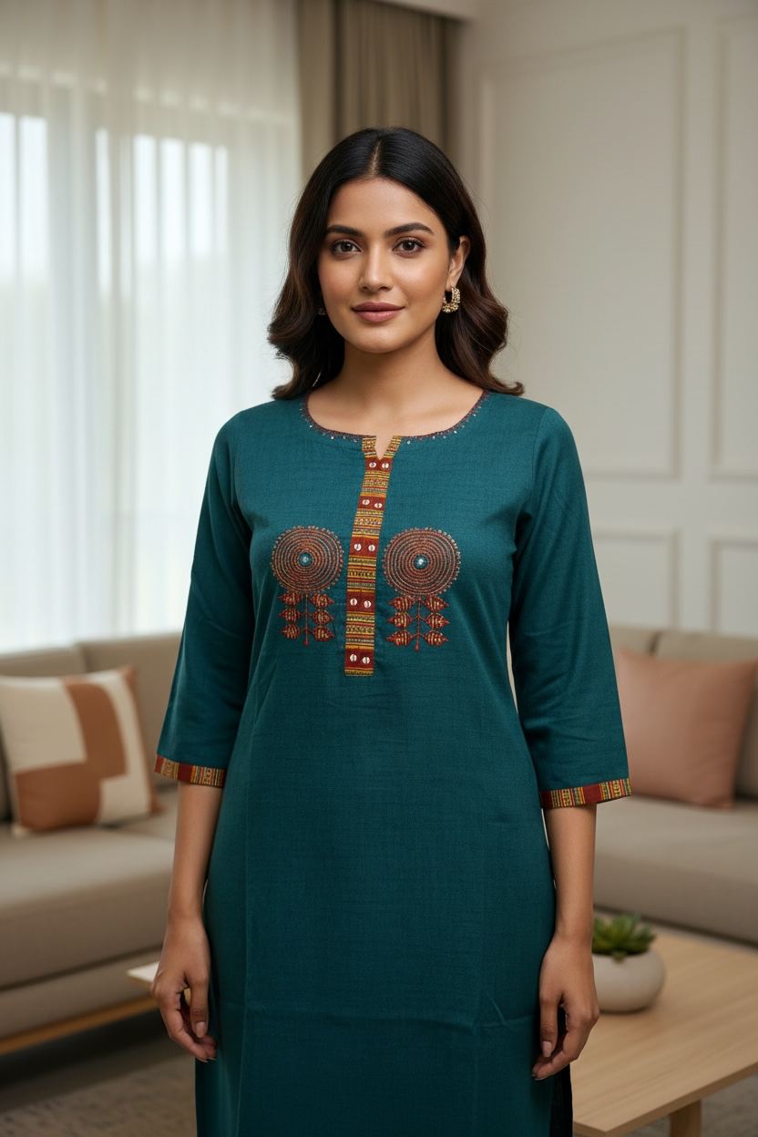 Peacock Blue Handloom Cotton kurti with Palazzo pants