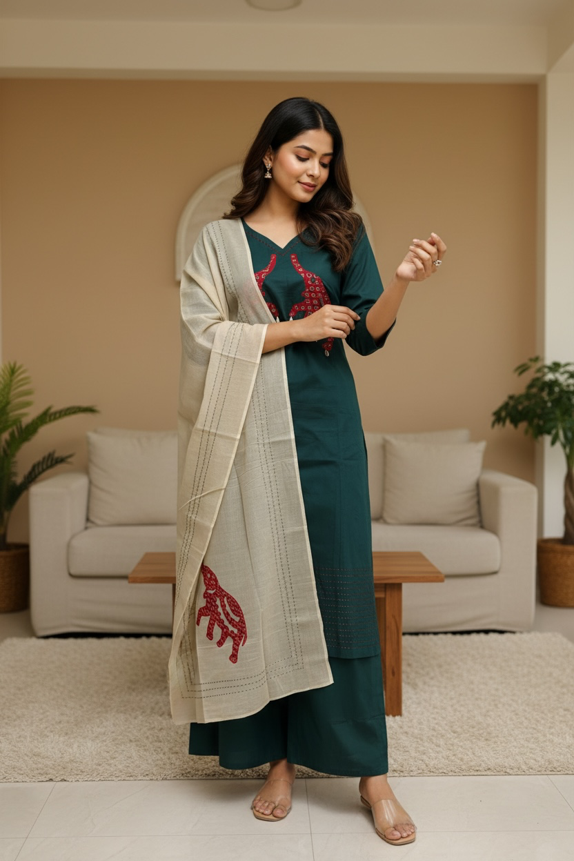 Rama Green Elephant Cutwork kurti with dupatta