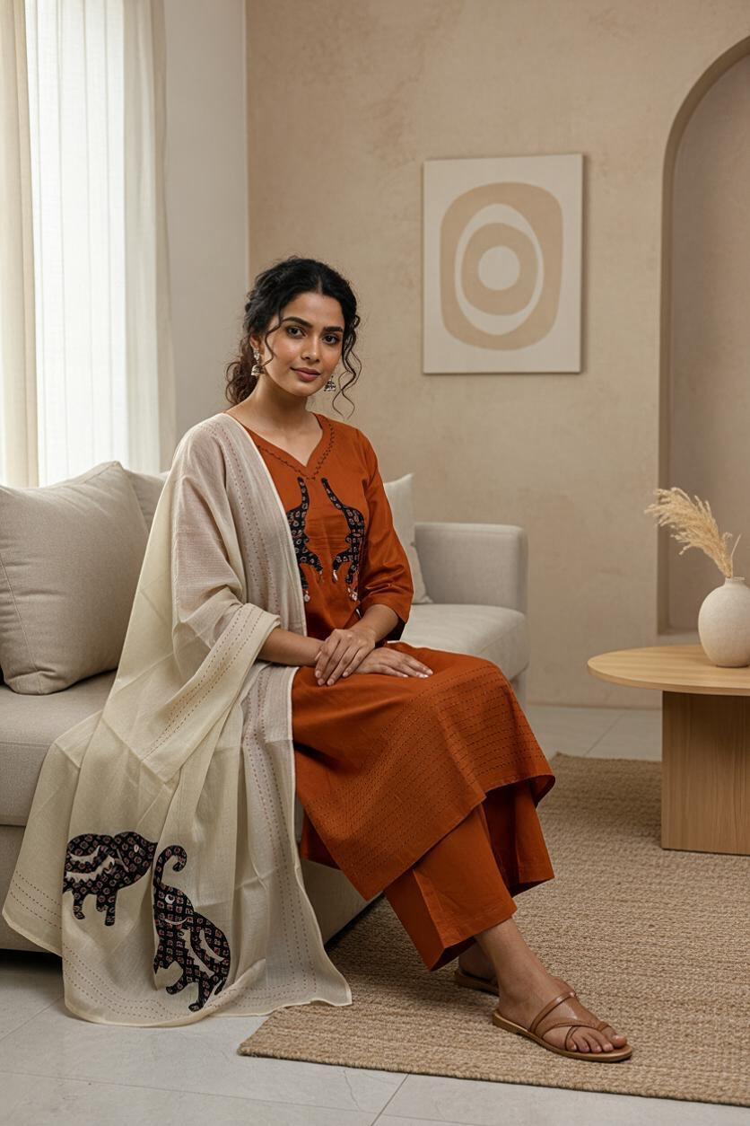 Rustic Orange Elephant cutwork kurti with dupatta
