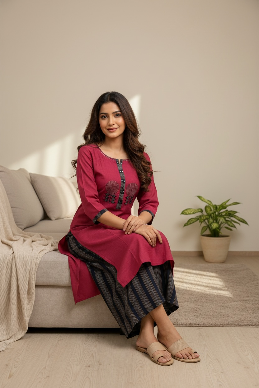 Rani Pink Handloom Cotton kurti with pallazzo pants